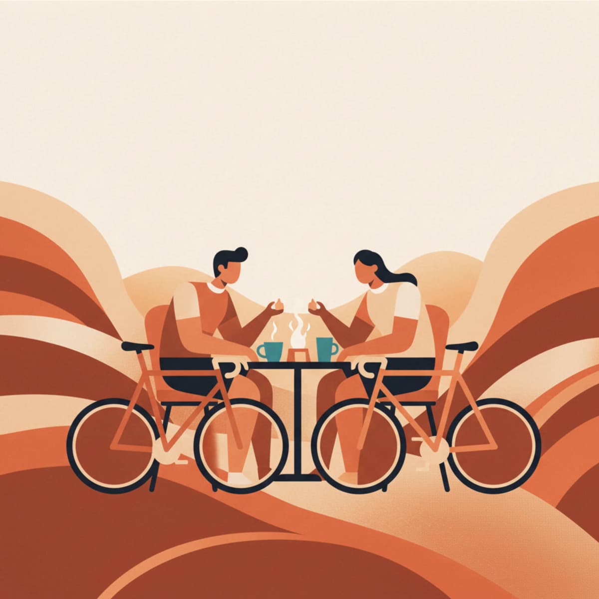 Abstract Art Deco illustration of two cyclists at a cafe with bikes nearby