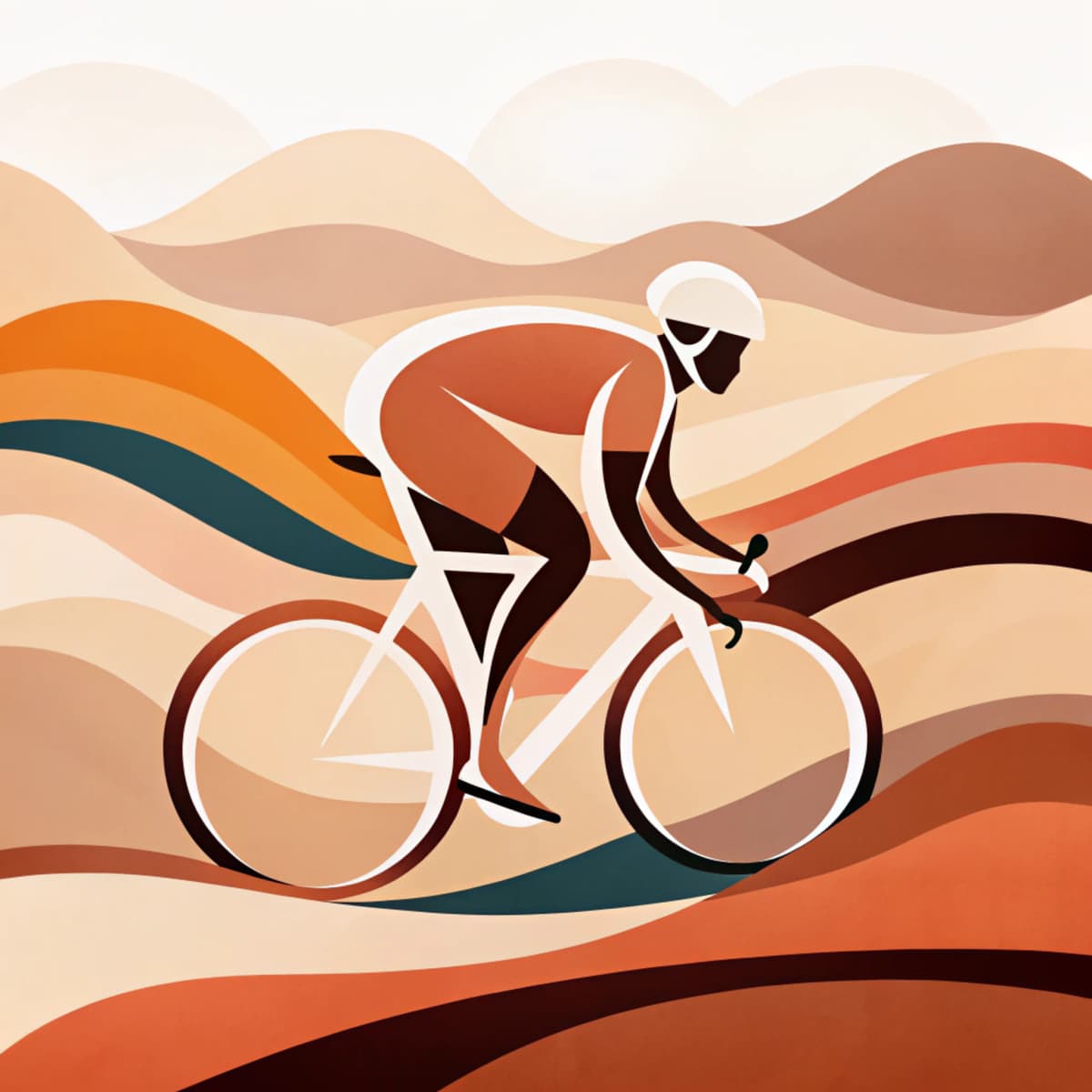 Abstract Art Deco illustration of a cyclist riding through flowing hills