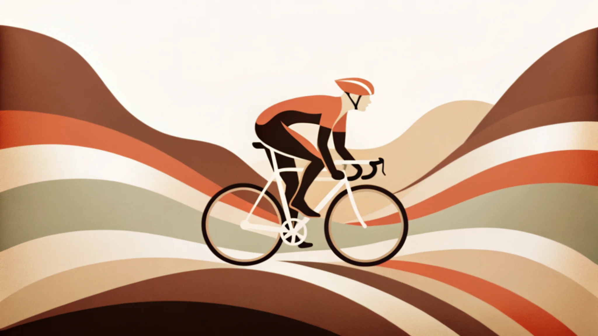Art Deco illustration of a solo cyclist riding along a winding road through rolling hills