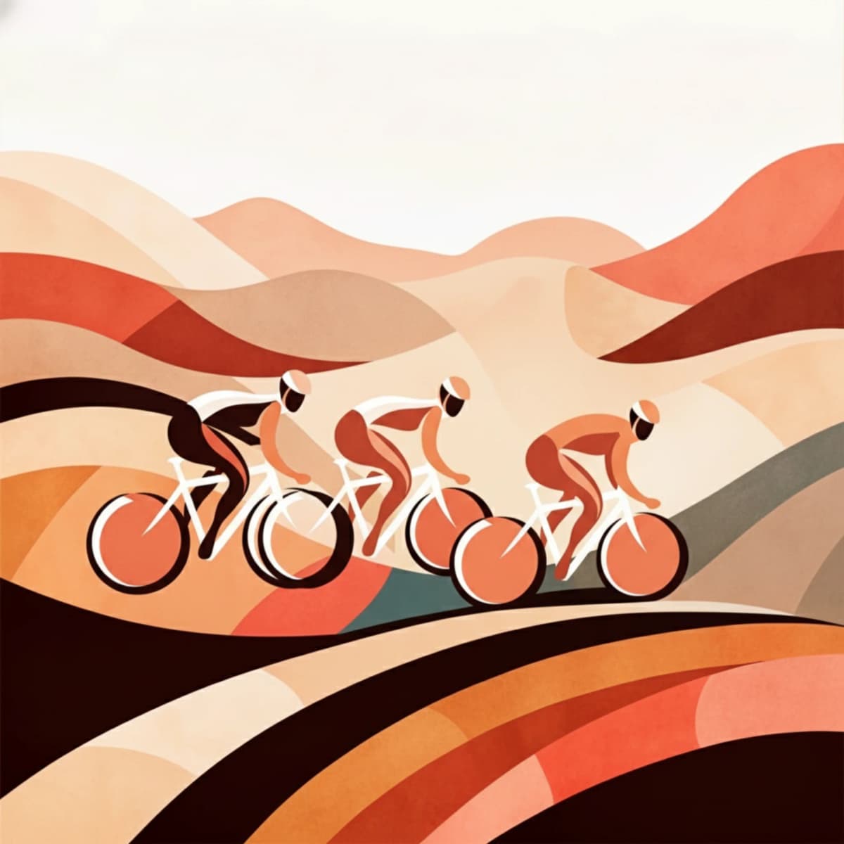 Abstract Art Deco illustration of three cyclists riding together through hills